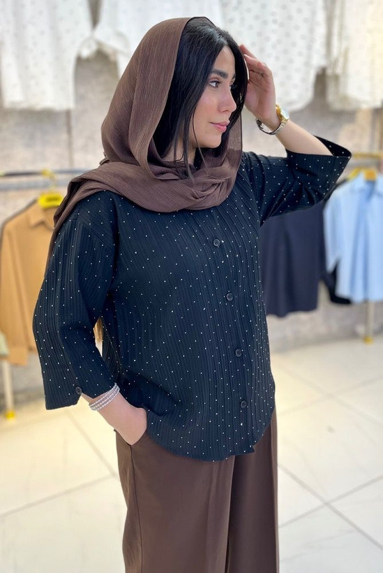 شومیز زنانه آستین وی نگین دار